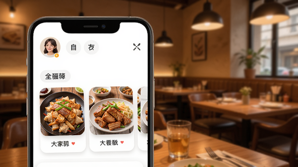 一张展示饭友App主界面的手机截图,背景是温馨的餐厅环境,屏幕上有用户头像和匹配推荐卡片,整体风格明亮温暖,突出美食与社交结合的氛围,画质清晰,干净无多余元素