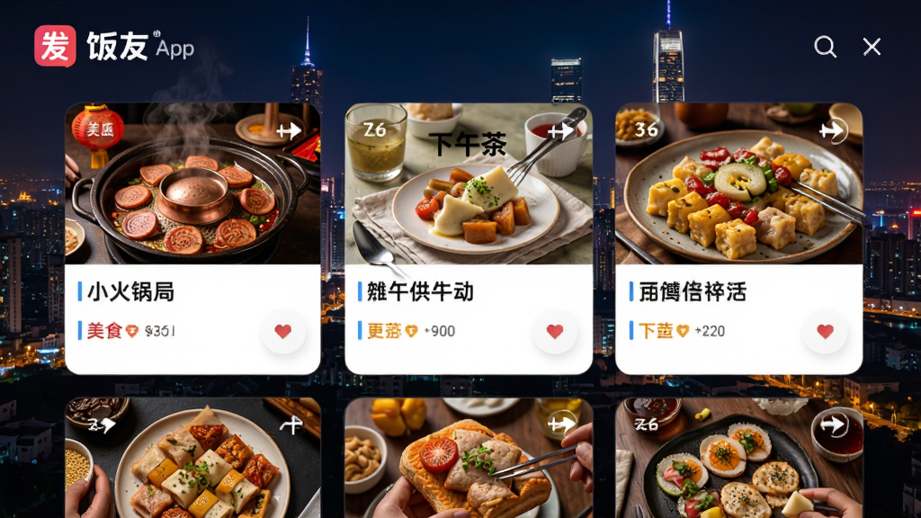 饭友App同城活动页面设计图,展示多个美食活动卡片,如火锅局、下午茶等,背景是城市夜景,色彩鲜艳,布局清晰,体现线下社交场景