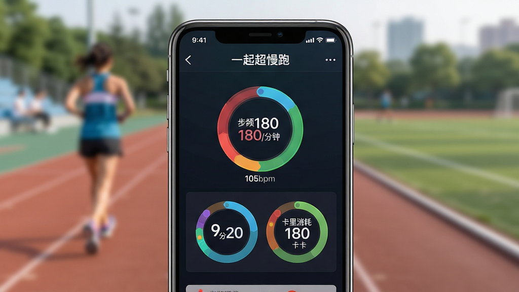 一张“一起超慢跑”应用数据监测页面的预览图,画面中一部智能手机屏幕显示步频180步/分钟、心率105bpm、配速9分20秒、卡路里消耗180千卡,数据以彩色环形图表展示,背景为模糊的运动场地,主体是手机特写,布局居中,排版清晰,风格科技感,细节丰富,画质高清干净,无多余元素