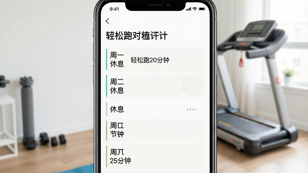 一张“一起超慢跑”训练计划页面的预览图,画面中手机屏幕显示一周训练安排,周一到周日分别标注“轻松跑20分钟”、“休息”、“节奏跑25分钟”等字样,背景是简约的室内跑步机场景,主体是手机界面,布局清晰,排版整齐,风格简洁明亮,细节丰富,画质高清干净,无多余元素