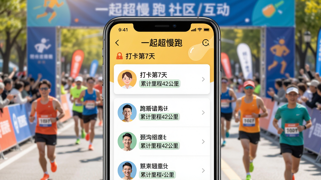 一张“一起超慢跑”社区互动页面的预览图,画面中手机屏幕展示跑友动态列表,头像旁有“打卡第7天”、“累计里程42公里”等文字,背景是热闹的马拉松赛事现场,主体是手机界面,布局合理,排版活泼,风格阳光积极,细节丰富,画质高清干净,无多余元素