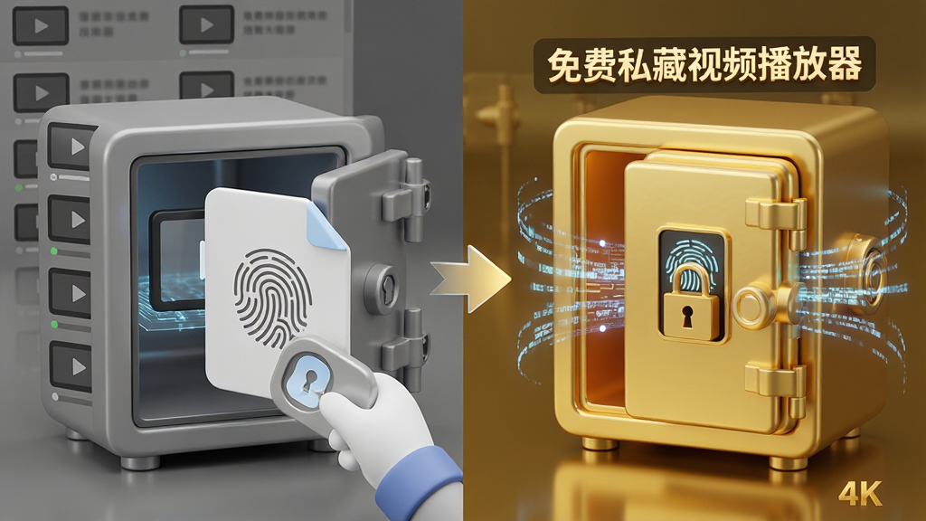 主体:一个带有指纹锁图标的视频文件被移入一个发光的保险箱中,保险箱上写着“免费私藏视频播放器”。布局:左侧为普通视频列表,右侧为带锁的私密空间,中间有箭头指向。排版:画面分为两个区域,左侧灰色调,右侧金色调。风格:3D插画风格,科技感,强调安全性。细节:保险箱门上有指纹识别区域,周围有数据流光芒。画质:4K高清,干净,无多余元素。
