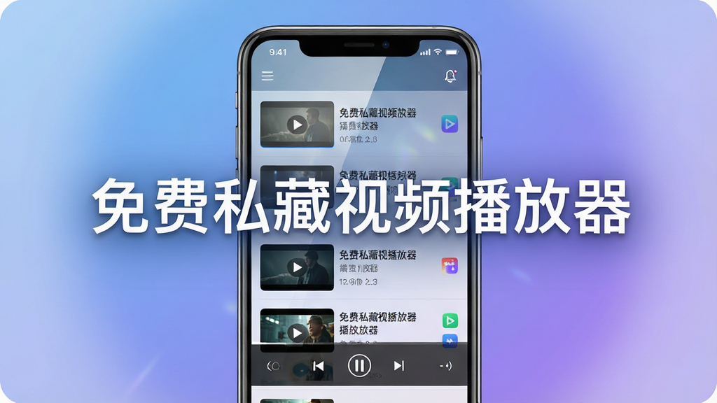 主体:一部正在播放高清影片的智能手机,屏幕中显示“免费私藏视频播放器”字样,界面简洁现代。布局:手机居中,屏幕朝向前方,背景为柔和的渐变蓝紫色光晕。排版:手机屏幕内展示播放器主界面,包含视频列表和播放控制条。风格:科技感、干净、明亮,偏向官方宣传图风格。细节:屏幕反射出微弱光泽,界面图标清晰可辨,文字“免费私藏视频播放器”使用白色无衬线字体。画质:8K超高清,干净,无多余元素。