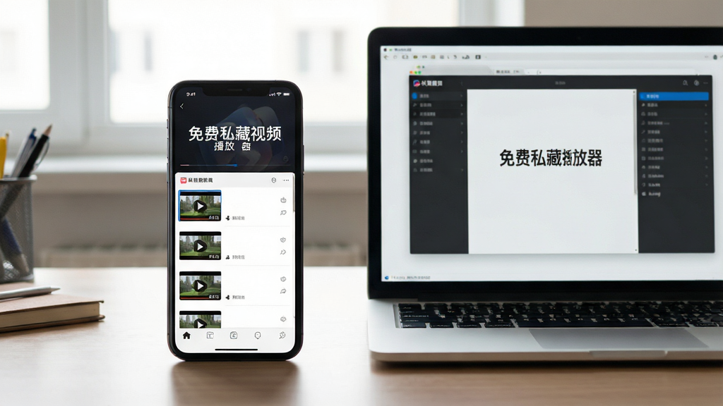 主体:一部手机和一台笔记本电脑并排放在桌面上,手机屏幕显示“免费私藏视频播放器”的播放列表,电脑屏幕显示同一软件的模拟器界面。布局:左右对称,手机在左,电脑在右。排版:两个设备屏幕均亮起,展示软件界面。风格:写实,办公桌面环境,自然光。细节:手机屏幕上有视频缩略图,电脑屏幕上有操作菜单。画质:高清,干净,无多余元素。