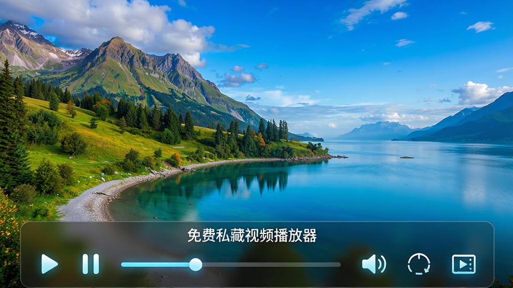 主体:一个视频播放界面,画面中播放着色彩艳丽的自然风光,屏幕下方显示“免费私藏视频播放器”的控制栏。布局:全屏播放模式,视频画面占据整个屏幕,底部有半透明控制条。排版:控制条上依次排列播放/暂停、进度条、音量、倍速、字幕等图标。风格:写实,高清,沉浸式。细节:视频画面清晰细腻,控制条图标发光。画质:超高清,干净,无多余元素。