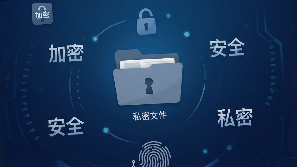 主体:一款名为“私密文件”的手机应用界面,主界面展示加密文件夹和锁形图标,背景为深蓝色科技感渐变;布局:界面中央显示文件夹图标,四周环绕着“加密”“安全”“私密”等字样;排版:简洁现代,图标下方配以简短文字说明;风格:扁平化设计,色调以蓝灰为主,突出安全感和专业感;细节:文件夹上带有锁孔图案,屏幕下方有指纹解锁提示;画质:高清渲染,干净整洁,无多余元素