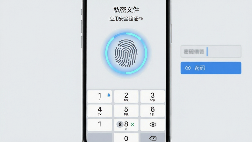 主体:“私密文件”应用的安全验证界面,展示指纹扫描和密码输入框;布局:屏幕中央为指纹图标,下方为数字键盘;排版:简洁大方,操作提示清晰;风格:扁平化设计,浅灰色背景,蓝色主按钮;细节:指纹扫描时有光圈动画,密码输入框有遮眼提示;画质:细腻清晰,无多余元素