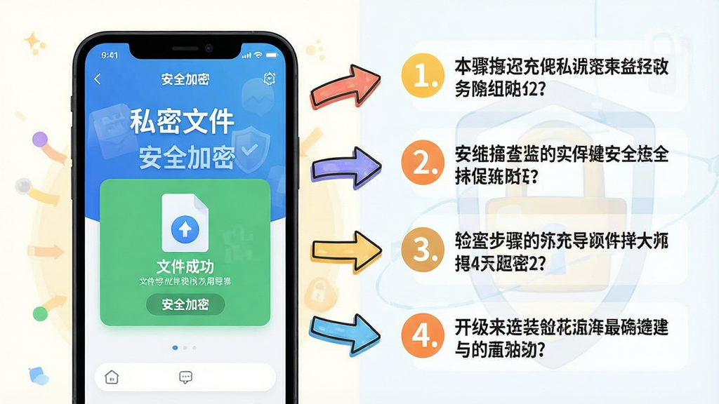 主体:手机屏幕显示“私密文件”应用使用教程画面,旁边有操作步骤指示箭头;布局:左侧为手机界面,右侧为步骤文字说明;排版:图文并茂,步骤用数字标出;风格:教育性插图风格,色彩明亮;细节:手机屏幕上显示文件导入成功提示,背景有“安全加密”字样;画质:高清,无多余元素