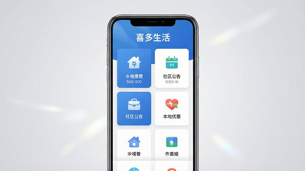 主体:一款名为“喜多生活”的手机APP界面,屏幕上展示水电缴费、社区公告、本地优惠等核心功能模块。布局:手机居中,界面清晰,功能图标排列有序,顶部显示“喜多生活”品牌字样。排版:现代扁平化设计风格,色彩以蓝白为主,整体干净整洁。细节:屏幕反射出柔和光线,背景为浅灰色渐变,突出应用界面。画质:高清渲染,细节丰富,无多余元素。