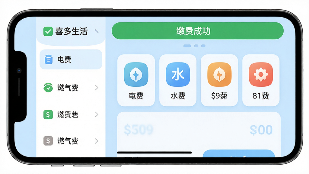 主体:手机屏幕上显示“喜多生活”APP的缴费页面,包含电费、水费、燃气费等图标,每个图标下方标注相应金额。布局:手机横屏展示,页面左侧为功能列表,右侧为缴费详情,背景为浅蓝色。排版:卡片式设计,图标圆润,文字清晰,色彩温馨。细节:屏幕上方显示“缴费成功”绿色提示条,增加真实感。画质:高清细腻,光线均匀,无杂乱元素。