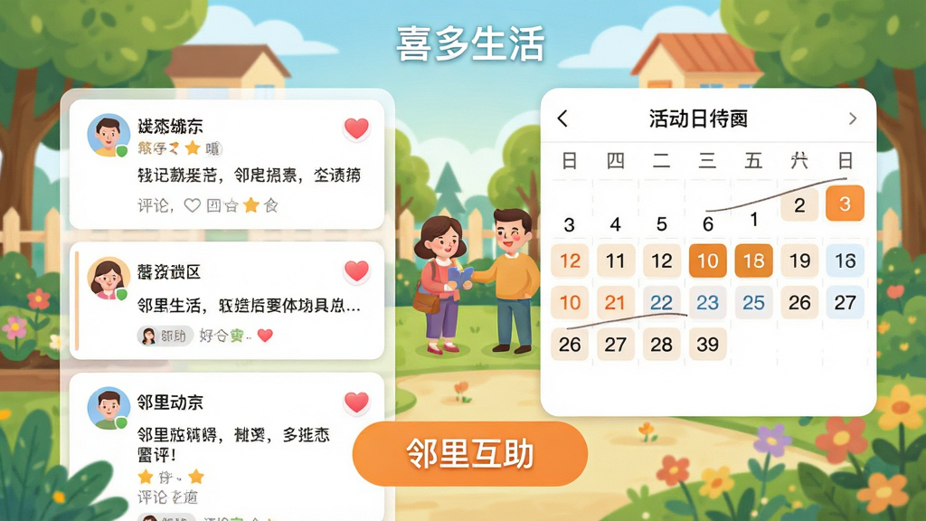 主体:一个温馨的社区场景插图,标注“喜多生活”APP的社区互动界面,显示邻居发布的帖子与评论。布局:左侧为社区动态列表,右侧为活动日历,中央偏下位置有“邻里互助”按钮。排版:插画风格,色彩明快,人物形象友好,背景为小区花园。细节:帖子卡片上带有爱心点赞图标,活动日期高亮显示。画质:清晰干净,无多余杂物。