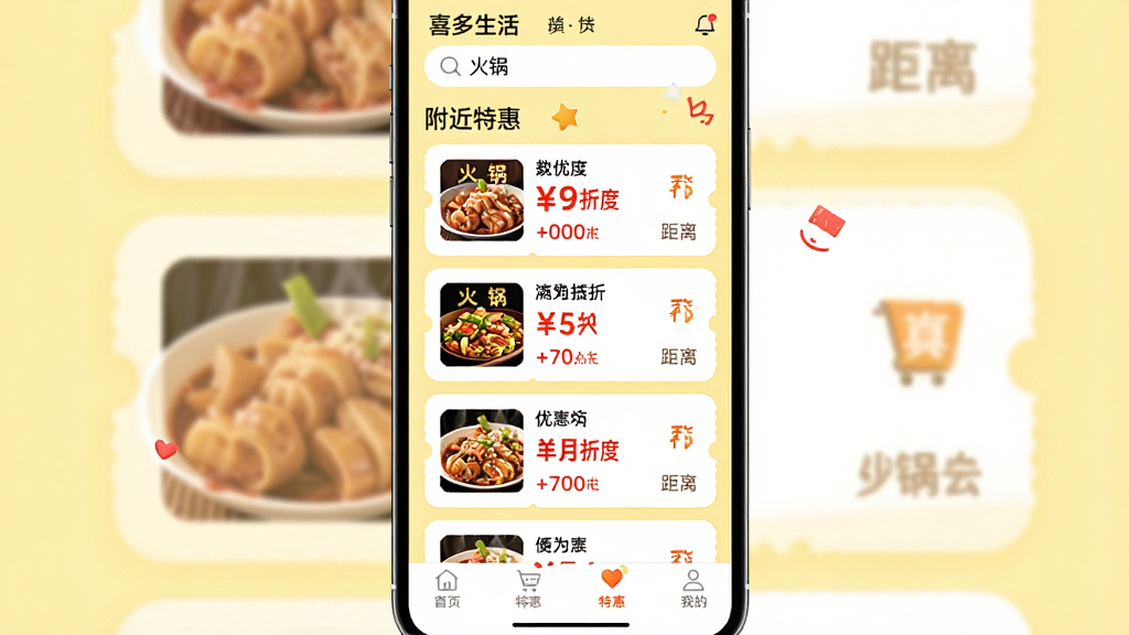 主体:手机屏幕展示“喜多生活”APP的“附近特惠”页面,多个商家优惠券卡片纵向排列。布局:手机居于画面中央,卡片上显示商家名称、折扣力度和距离,背景为淡黄色。排版:瀑布流式布局,卡片圆角,优惠价格用红色突出,整体活泼。细节:顶部搜索栏有“火锅”关键词,底部导航栏高亮“特惠”图标。画质:高清,色彩鲜艳,无多余元素。