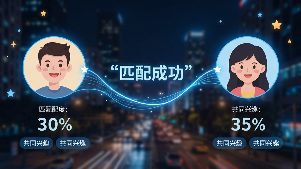 主体:伊连软件智能匹配功能展示,两个用户头像通过线条连接,中间有“匹配成功”字样。布局:左右两侧各一个用户头像,中间用发光线条连接,背景为城市夜景模糊效果。排版:头像下方显示匹配度百分比和共同兴趣标签。风格:科技感与温馨感结合,蓝色光效为主。细节:头像带有表情,线条流动,背景有星星点缀。画质:清晰细腻,干净无杂物。