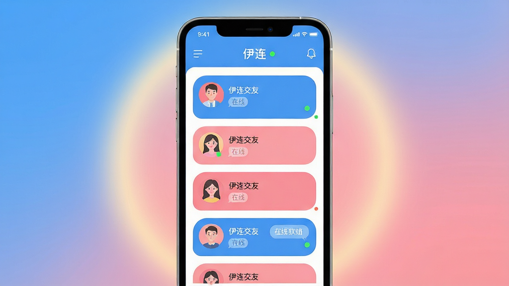 主体:手机屏幕展示伊连交友软件主界面,界面中有多个用户头像卡片和聊天气泡。布局:手机居中,屏幕内容清晰可见,周围有柔和的渐变光晕。排版:界面采用瀑布流卡片布局,头像圆形排列,文字标签简洁。风格:现代扁平化,色彩明亮温暖,以蓝色和粉色为主色调。细节:屏幕上显示“伊连”字样,并配有在线状态绿点。画质:高清渲染,干净,无多余元素。