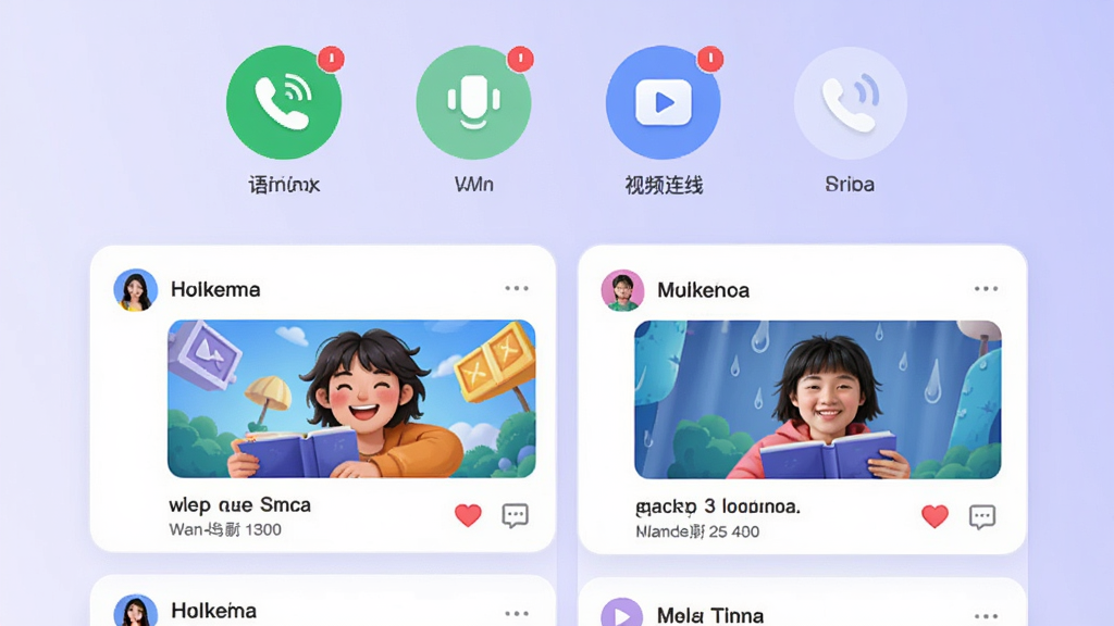 主体:伊连软件互动功能界面,展示语音通话和视频连线图标,以及动态广场的瀑布流内容。布局:上方是功能图标排列,下方是动态卡片列表,背景为淡紫色渐变。排版:图标为圆形,动态卡片带图片和文字。风格:活泼明快,插画风与写实结合。细节:图标上有红色小圆点提示,动态卡片有爱心和评论按钮。画质:高分辨率,干净整洁。