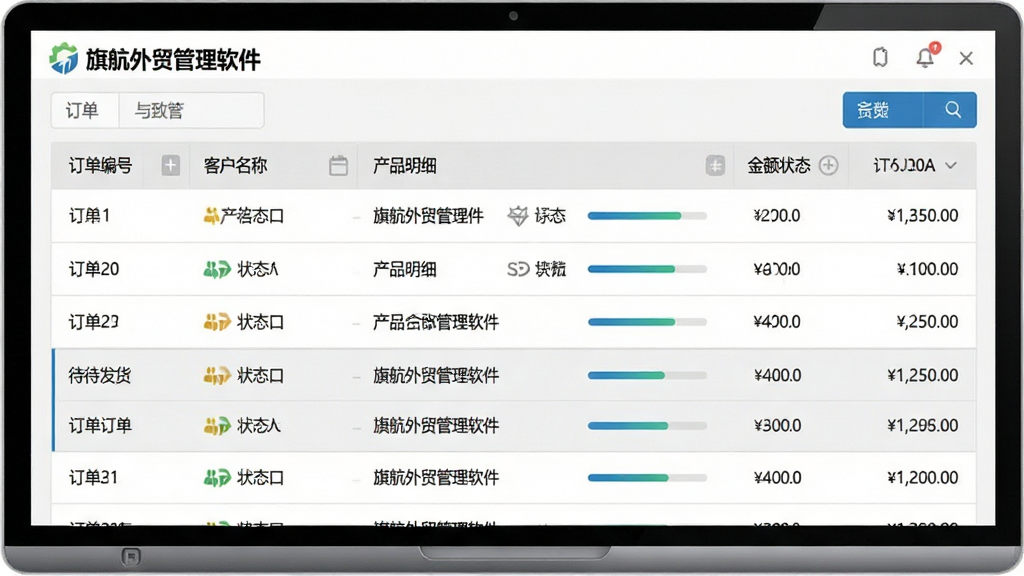 一张订单管理界面图,主体为“旗航外贸管理软件”的订单列表,包含订单编号、客户名称、产品明细、金额状态。布局为表格形式,风格清爽,颜色以灰白为主,高亮显示待发货订单,细节包括状态图标、进度条,画质干净,无多余元素。