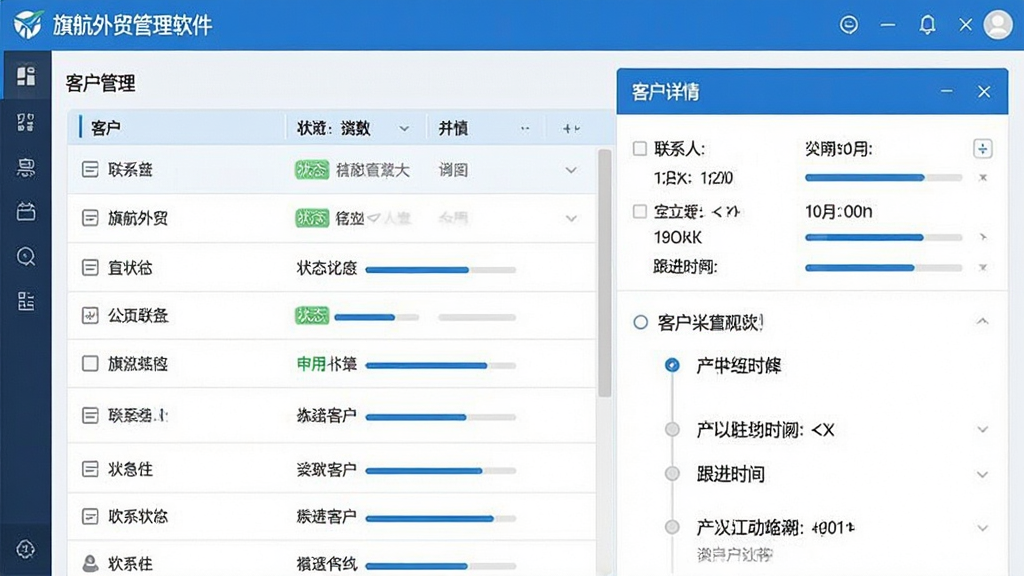 一张软件界面截图风格的图片,主体为“旗航外贸管理软件”的客户管理页面,左侧是客户列表,右侧是客户详情面板,包含联系人信息、跟进时间线。布局为左右分栏,风格扁平化,颜色以蓝白为主,细节包括状态标签、进度条,画质清晰,干净无多余元素。