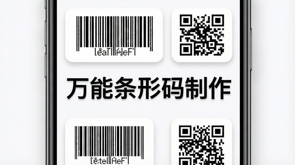 万能条形码制作手机应用主界面展示,主体为一部智能手机屏幕占据画面中心,屏幕内清晰显示软件生成的各种条形码和二维码样式,布局简洁明快,排版突出中间的“万能条形码制作”软件名称字样,风格为现代扁平化UI设计,细节包含柔和阴影与圆角元素,画质高清干净,无多余元素