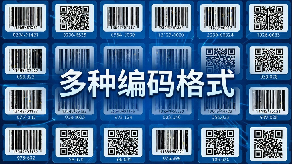 万能条形码制作功能展示图,主体为多种不同类型的条形码和二维码以网格形式整齐排列,布局错落有致,排版在中央位置突出显示“多种编码格式”字样,风格为科技感十足的蓝色调插画,细节包含条形码下的数字编号,画质精细干净,无多余元素