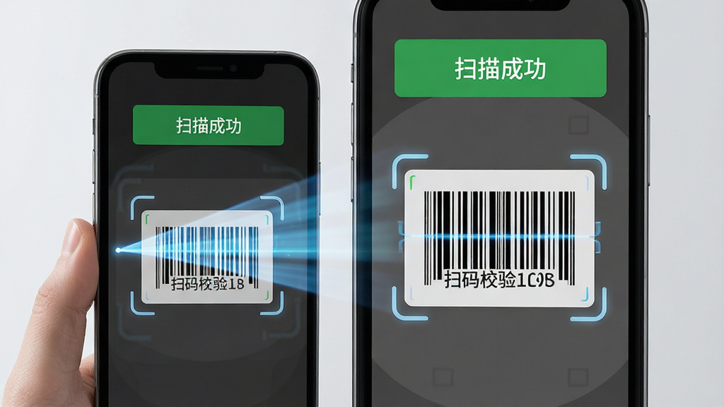 万能条形码制作扫码校验界面,主体为一款手机正在扫描另一部手机屏幕上的条形码,布局采用中心对称构图,排版在顶部显示“扫描成功”绿色提示框,风格为写实与科技结合风格,细节包含扫描光线和聚焦框,画质高清有质感,无多余元素