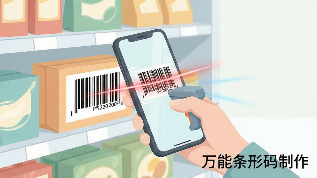 万能条形码制作使用场景插画,主体为一只手持手机对准超市商品上的条形码进行扫描,布局采用开放式构图,排版在右下角显示“万能条形码制作”水印字样,风格为清新淡雅的商业插画风,细节包含商品货架和扫码光效,画质干净整洁,无多余元素