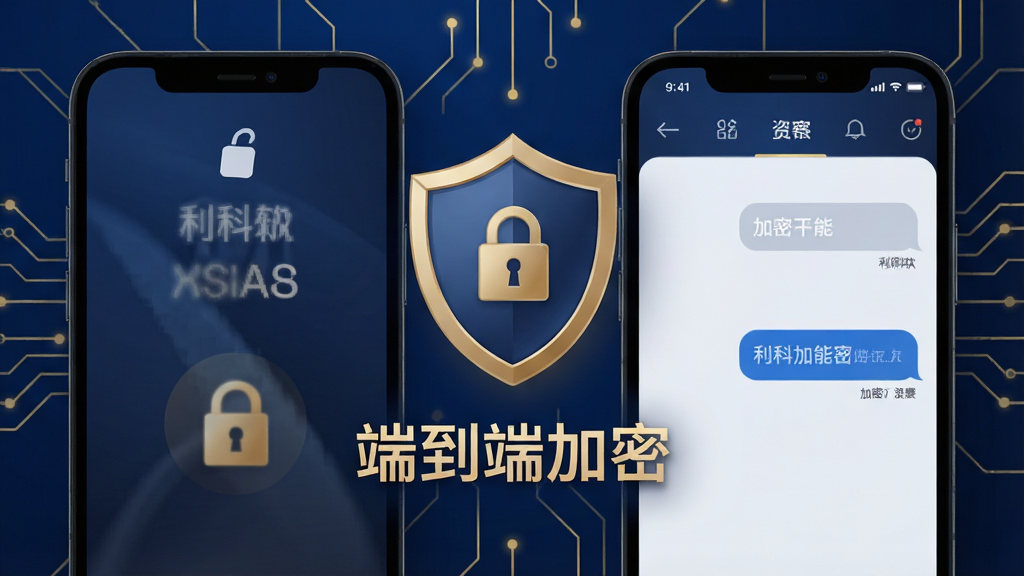 利科软件安全加密功能示意图,主体为手机锁屏与加密对话界面,布局中心显示一个盾牌图标和“端到端加密”字样,排版稳重,风格科技感强,深蓝色背景配金色线条,画质细腻,干净无多余元素