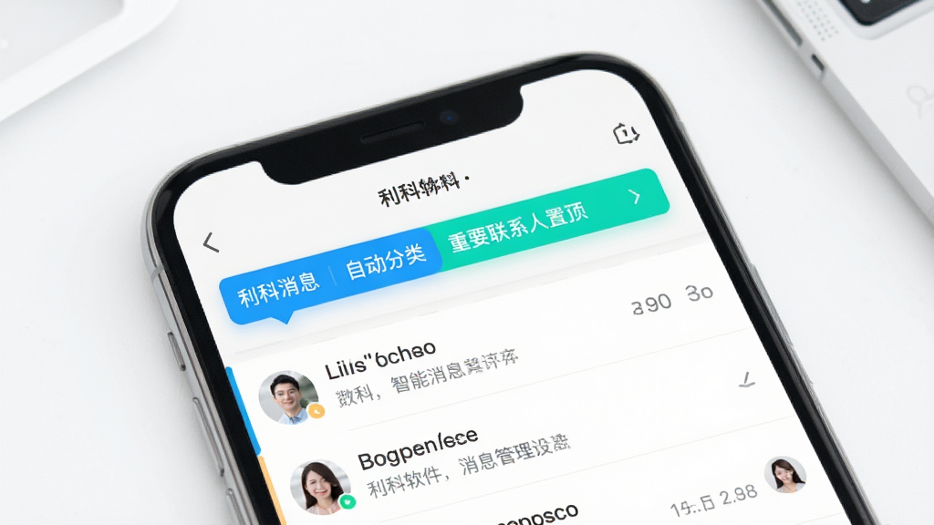 利科软件智能消息管理功能预览图,主体为手机界面展示消息自动分类和重要联系人置顶效果,布局在聊天列表上方有分类标签栏,排版清晰,风格简洁明亮,突出蓝绿色高亮提醒条,画质清晰,干净无多余元素