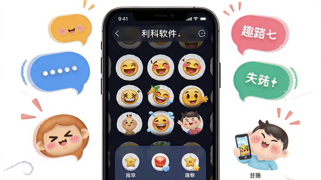 利科软件趣味互动社交功能展示图,主体为手机界面显示一组动态表情包和互动游戏入口,布局活泼,彩色气泡与卡通形象点缀,排版自由,风格清新可爱,画质高清,干净无多余元素