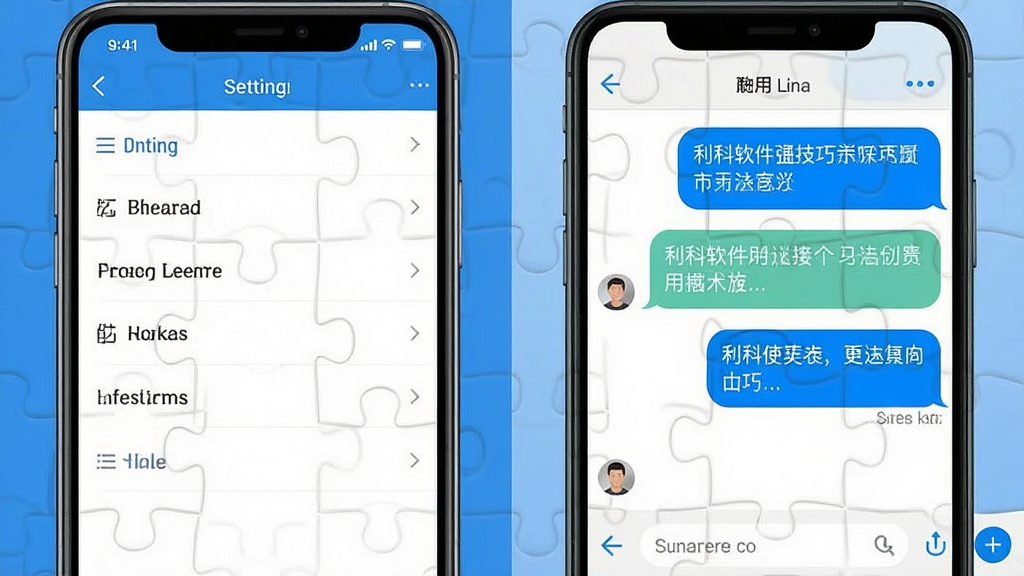 利科软件使用技巧示意图,主体为手机设置界面和聊天界面拼图,布局左右分屏,左侧显示设置选项,右侧显示聊天气泡,排版整齐,风格实用清晰,蓝色调为主,画质干净,无多余元素
