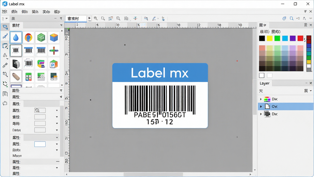 主体:Label mx通用条码标签设计软件界面,展示标签设计工作区与工具面板。布局:左侧为素材库与属性栏,中间为画布,右侧为颜色与图层管理。排版:清晰简洁,突出软件功能图标。风格:现代科技感,界面明亮。细节:画布上显示一个带有条码和文字的标签模板,文字标注“Label mx”字样。画质:高清,干净,无多余元素。