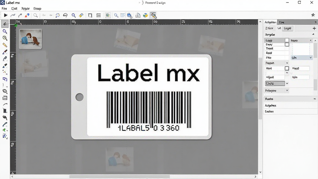 主体:Label mx软件标签设计画布。布局:画布中央有一个设计中的标签,周围环绕工具栏和属性面板。排版:画布上显示多个元素,如文本、条码、图片。风格:简洁专业。细节:标签上显示“Label mx”文字示例,条码清晰。画质:高清,干净,无多余元素。