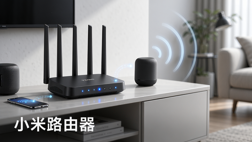 主体:小米路由器产品特写,背景为现代简约家庭客厅,路由器放置在电视柜上。布局:路由器居中偏左,右侧留白区域用线条勾勒出Wi-Fi信号扩散图形。排版:画面下方三分之一处有“小米路由器”文字标识。风格:科技感与生活感融合,光线明亮柔和。细节:路由器表面指示灯呈蓝色常亮,多根天线直立,周围有手机、智能音箱等设备连接示意。画质:8K超高清,商业产品摄影质感,干净无多余元素。