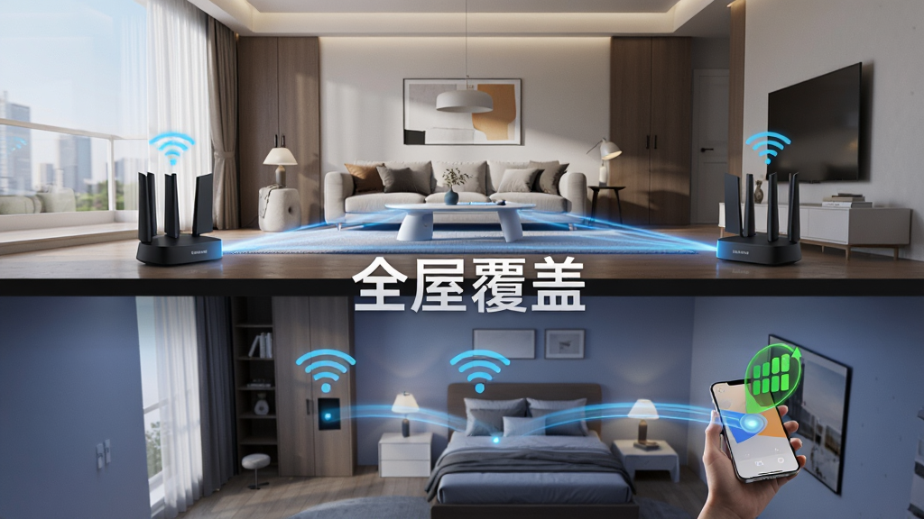 主体:小米路由器Mesh组网场景,两台路由器分别放置在客厅和卧室。布局:画面采用上下分层结构,上方为客厅,下方为卧室,两台设备通过蓝色光线连接。排版:画面中央有“全屋覆盖”字样。风格:3D渲染科技风格,空间透视感强。细节:手机在移动过程中自动切换连接的动画轨迹,信号满格图标。画质:4K高清,色彩通透,干净无多余元素。
