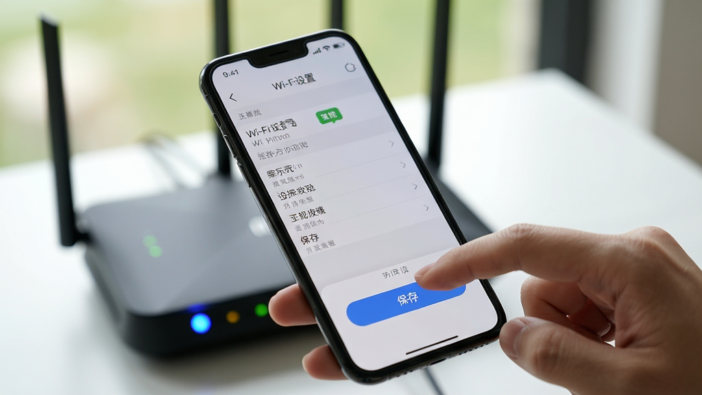 主体:用户手持手机正在操作小米路由器APP设置界面。布局:手机屏幕特写,路由器在背景虚化处。排版:屏幕内显示“Wi-Fi设置”页面。风格:真实生活场景,自然光线。细节:手指点击“保存”按钮,路由器指示灯亮起蓝光。画质:高清实拍,干净无多余元素。