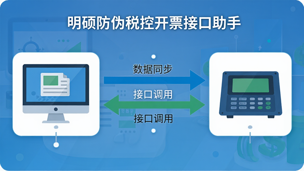 主体:明硕防伪税控开票接口助手的数据对接示意图,展示电脑与税控设备之间的连接;布局:左侧为业务系统图标,右侧为税控设备图标,中间用箭头连接;排版:简洁明了的流程图风格;风格:扁平化设计,蓝色与绿色为主色调;细节:箭头上标注“数据同步”、“接口调用”等字样;画质:高清,干净,无多余元素。