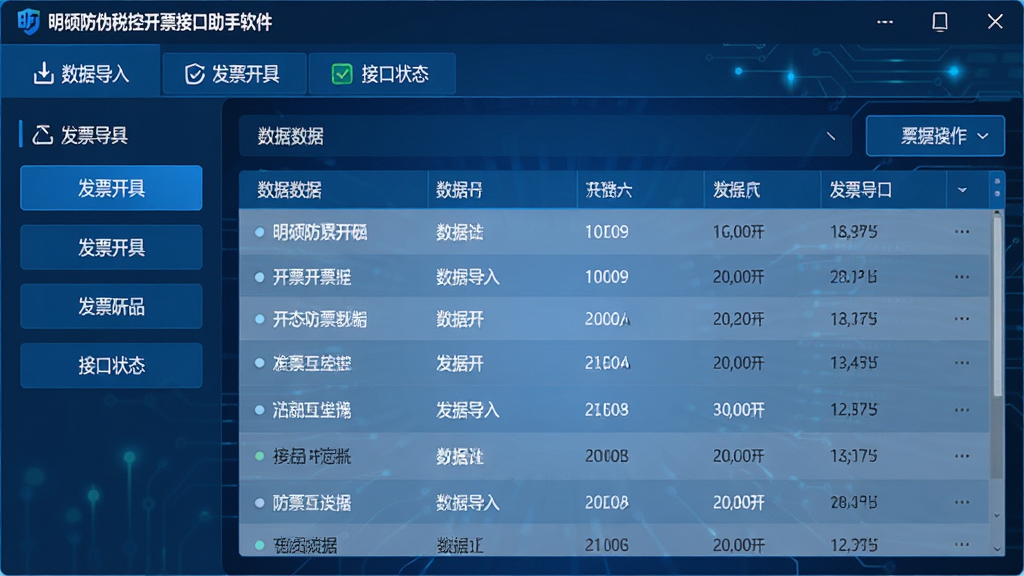 主体:明硕防伪税控开票接口助手软件主界面,显示简洁的导航栏和开票数据列表;布局:上方为功能菜单栏,左侧为操作选项,右侧为数据表格;排版:清晰的分区设计,蓝色科技感主题色;风格:现代商务软件风格;细节:界面包含“数据导入”、“发票开具”、“接口状态”等按钮,文字标签清晰;画质:高清,干净,无多余元素。