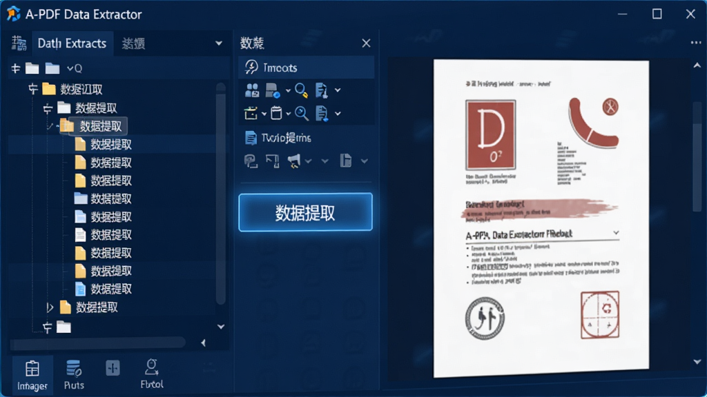 高清特写A-PDF Data Extractor软件主界面,深蓝色主题背景,左侧为文件列表树形结构,右侧为PDF文档预览区域,中间工具栏突出显示“数据提取”按钮,界面布局简洁专业,整体风格现代科技感,画质清晰,细节丰富,无多余元素