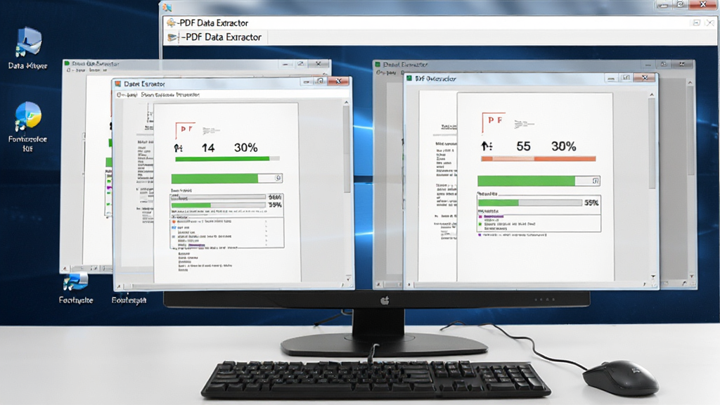 A-PDF Data Extractor软件运行在Windows桌面,同时打开多个PDF文档窗口,屏幕中显示数据提取进度百分比,键盘和鼠标位于桌面,环境光线明亮,整体画面清晰,风格写实,无多余元素