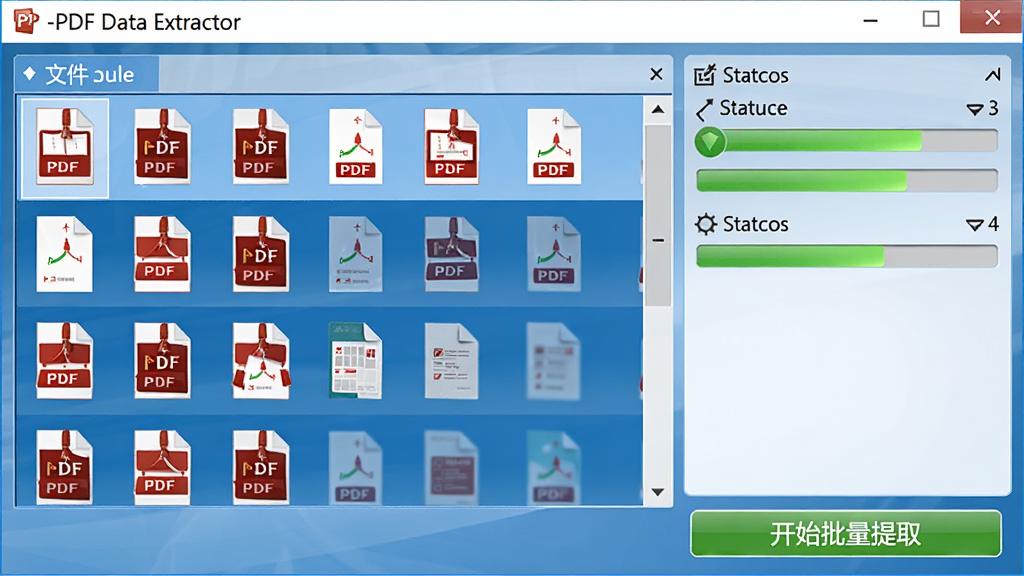 A-PDF Data Extractor批量处理界面,左侧文件队列中排列多个PDF文件,右侧显示处理进度条与状态图标,底部有“开始批量提取”按钮,界面简洁直观,整体色调明亮,画质清晰,细节完整,无多余元素