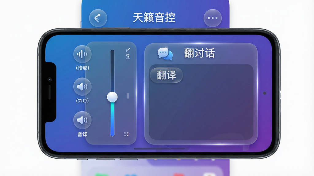主体:天籁音控软件界面展示,手机屏幕中显示音量调节滑块和翻译对话框。布局:手机居中,界面元素清晰排列,左侧为音量控制区,右侧为翻译输入区。排版:简洁现代,功能图标整齐分布。风格:科技感,蓝紫色渐变背景。细节:界面文字显示“天籁音控”和“翻译”字样,高光渲染,3D质感。画质:高清,细腻,无多余元素。