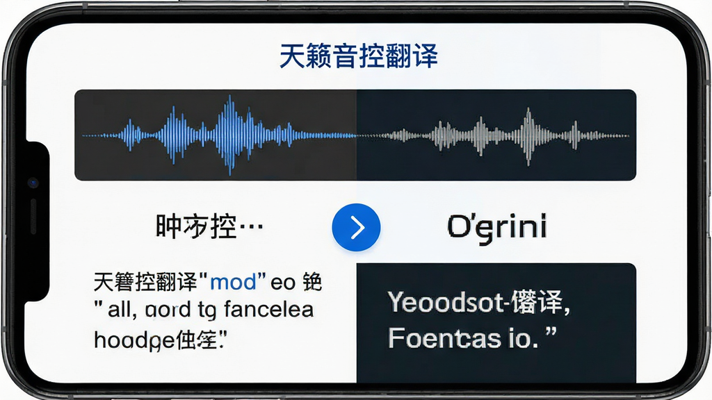 主体:天籁音控实时语音翻译功能演示,手机屏幕显示中英对照翻译结果。布局:左右分屏,左侧中文,右侧英文,中间有翻译箭头。排版:上下结构,上方为语音输入波形图,下方为翻译文本。风格:商务简洁,白色背景配蓝色点缀。细节:页面顶部有“天籁音控翻译”字样,翻译结果字体清晰。画质:高保真,干净,无多余元素。