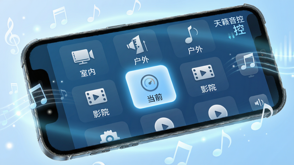 主体:天籁音控智能音效调节界面,屏幕上显示多种音效模式图标(如“室内”、“户外”、“影院”)。布局:手机屏幕为主体,周围有柔和的光效和音符装饰。排版:模式图标以网格形式排列,中间高亮显示当前选择。风格:简约时尚,浅蓝色为主色调。细节:图标下方有中文标签,界面右上角显示“天籁音控”字样。画质:高清,明亮,无多余元素。