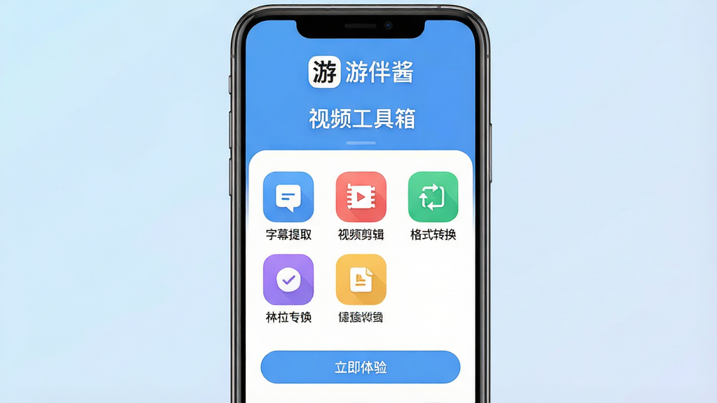一张展示游伴酱软件主界面的高清截图,主体是手机屏幕中打开的游伴酱应用,界面布局清晰,上方显示“游伴酱”Logo和“视频工具箱”字样,中部排列着“字幕提取”、“视频剪辑”、“格式转换”等彩色功能图标,下方有“立即体验”按钮,背景为淡蓝色渐变,整体风格简约现代,画质清晰,干净无多余元素。