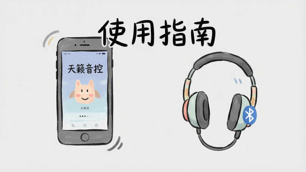 主体:天籁音控使用指南示意图,手机和耳机图标,配文字“使用指南”。布局:居中构图,背景为淡灰色。排版:文字和图标错落有致。风格:简约手绘风,柔和色彩。细节:手机屏幕显示“天籁音控”界面,耳机上有蓝牙符号。画质:清晰,干净,无多余元素。