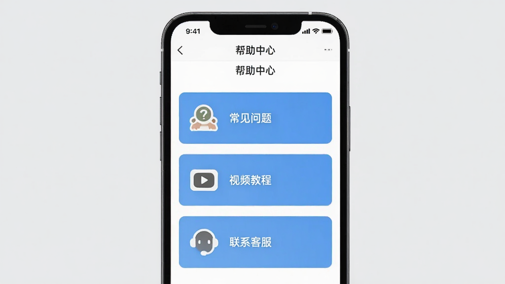 一张展示游伴酱使用教程的配图,主体是手机屏幕上的游伴酱“帮助中心”页面,上面列出了“常见问题”、“视频教程”、“联系客服”等选项,背景为浅灰色,配以直观的图标,画质清晰,干净无多余元素。