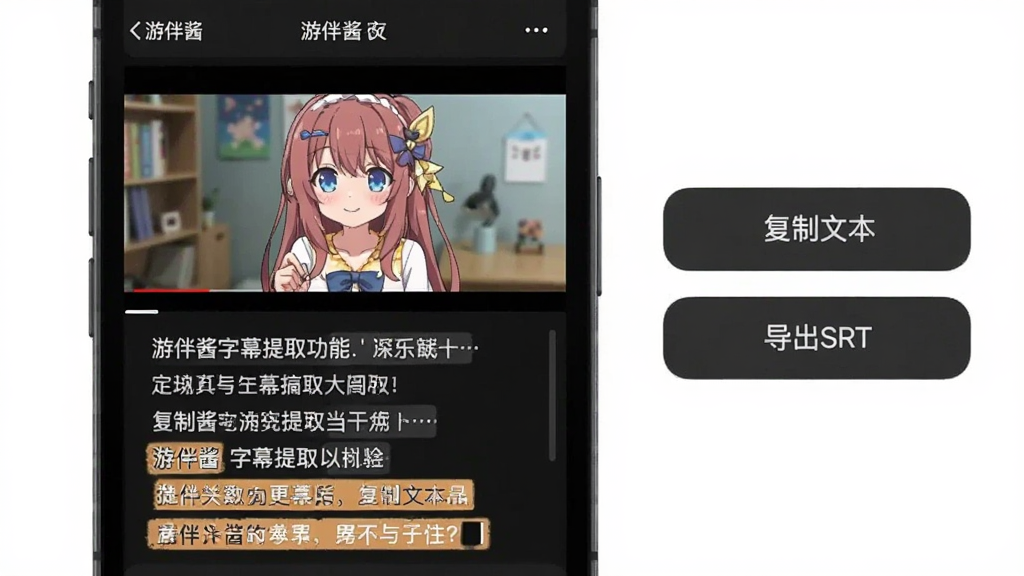 一张展示游伴酱字幕提取功能的预览图,主体是手机屏幕上的游伴酱应用正在处理一段视频,视频画面下方逐行显示提取出的中文字幕,屏幕右侧有“复制文本”、“导出SRT”等操作按钮,界面以深色为主,字幕高亮显示,画质清晰,干净无多余元素。