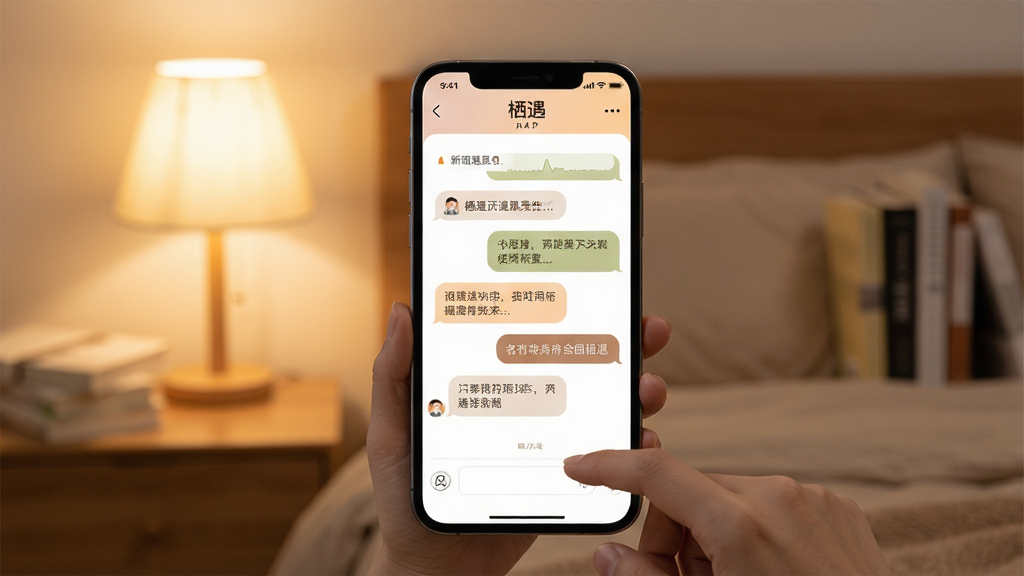 一张关于“栖遇”APP使用场景的示意图。主体:一只手拿着手机,屏幕上显示着“栖遇”的聊天界面,背景是一个温馨的卧室,有床头灯和书籍。布局:手机位于画面中心,背景虚化,突出屏幕内容。排版:屏幕上的对话内容温暖而有趣,气泡颜色柔和。风格:写实摄影风格,光线温暖柔和,营造出真实、日常的氛围。细节:屏幕上有一条新消息提醒,手指正准备点击回复。画质:高清,干净,无多余元素。
