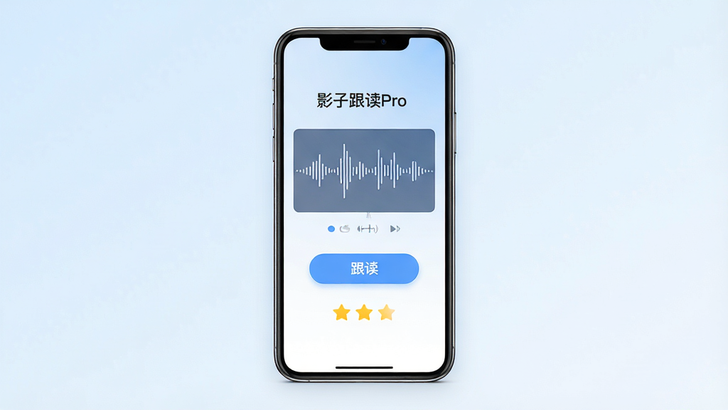 一幅现代简约风格的手机应用展示图,屏幕中央显示“影子跟读Pro”主界面,背景为淡蓝色渐变,界面包含音频波形图、跟读按钮和评分星星,整体排版干净清晰,突出专业与科技感,画质高清,无多余元素