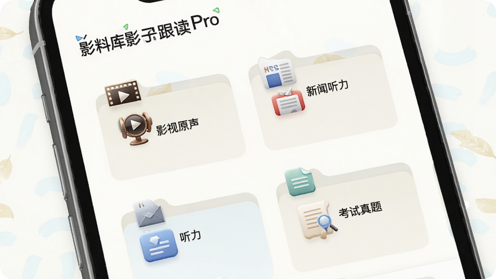 展示“影子跟读Pro”的语料库浏览页面,手机界面中排列着多个分类文件夹,如“影视原声”、“新闻听力”、“考试真题”,每个文件夹配有精美图标,背景为浅白色,风格清新自然,画质高清,无多余元素