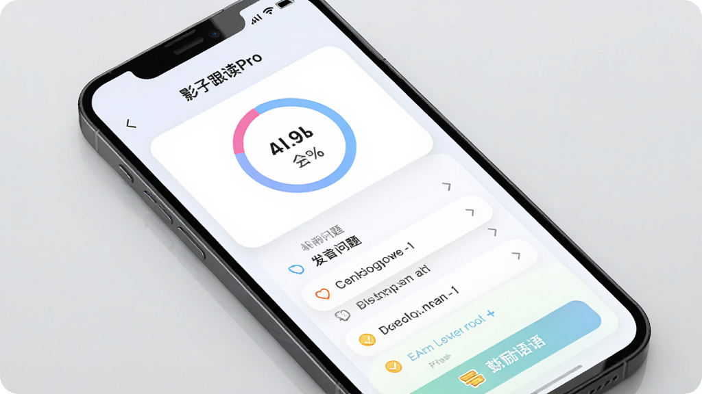手机屏幕展示“影子跟读Pro”的AI评分结果页面,界面以卡片式布局呈现,包含分数圆环、发音问题列表和鼓励语,背景为柔和的浅灰色,风格简洁现代,画质清晰,无多余元素